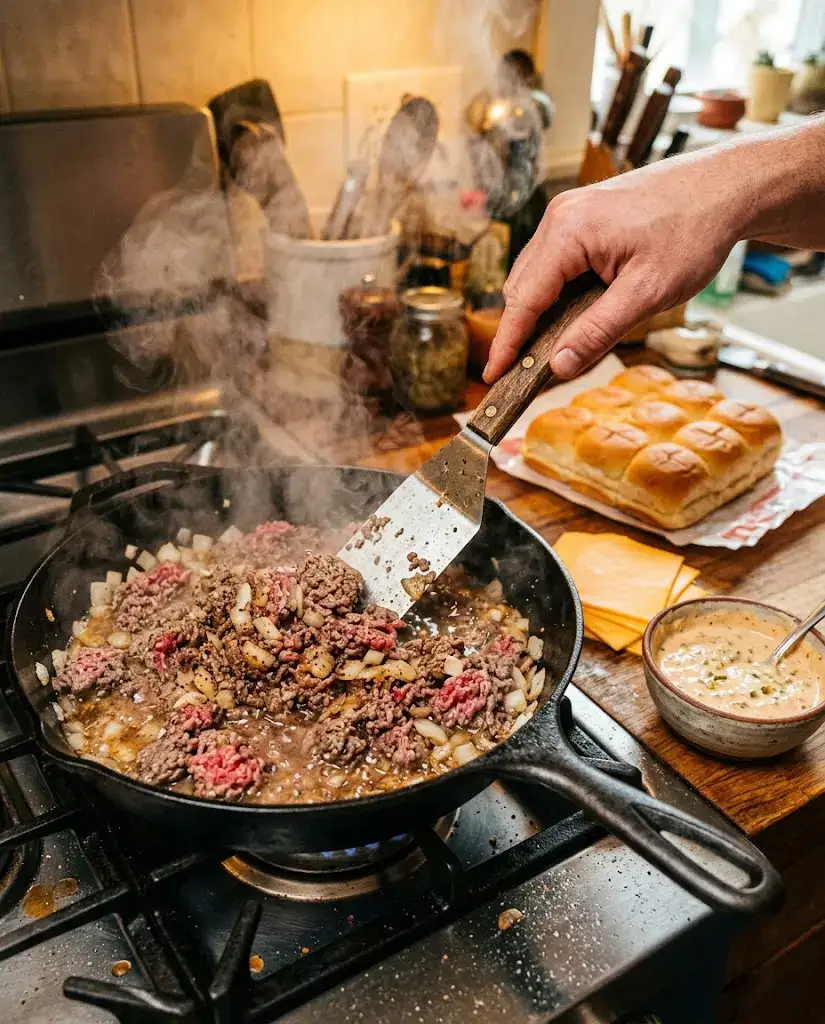 Ground beef and onions sizzling in skillet for big mac sliders with rolls and sauce nearby