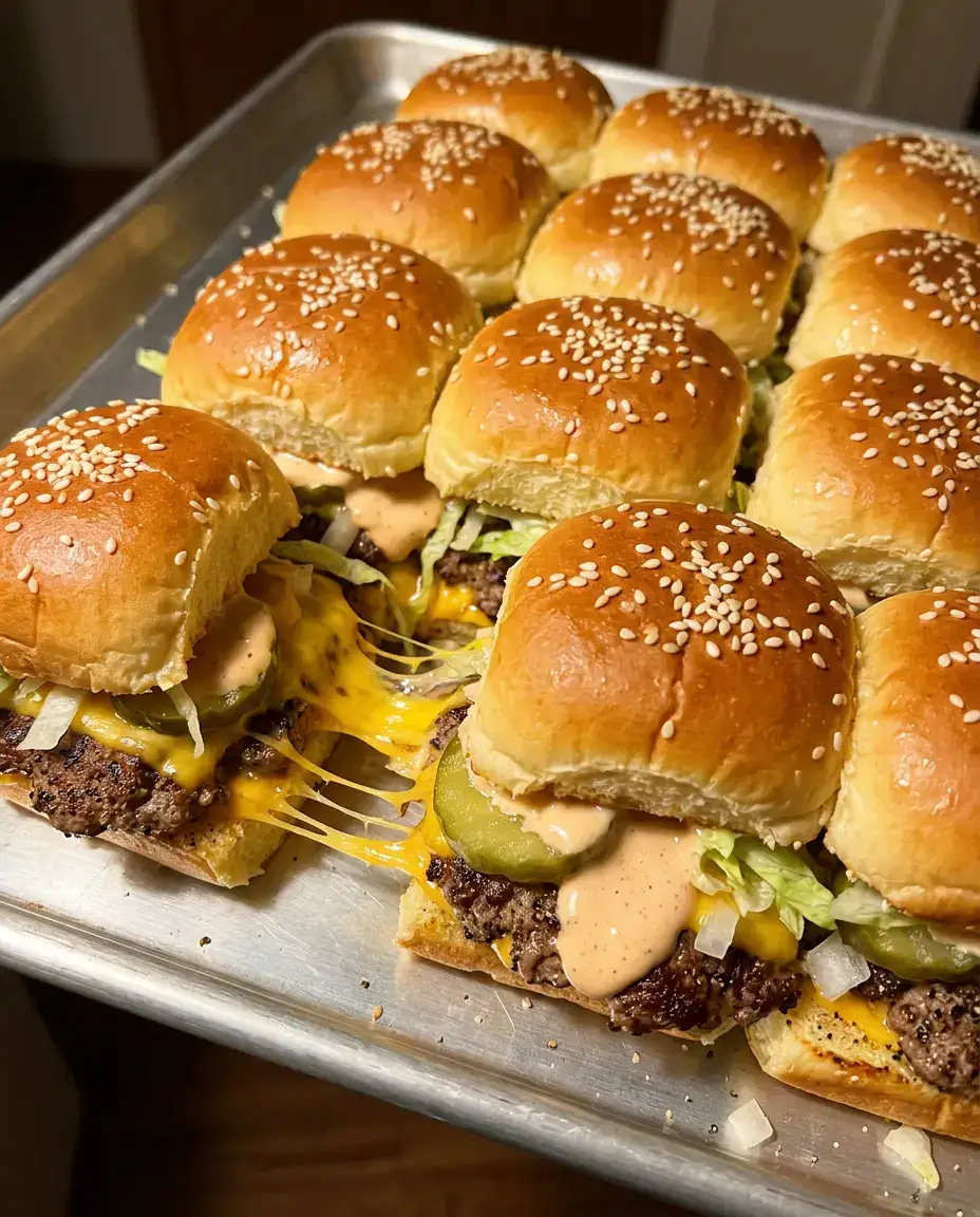 Big mac sliders being pulled apart with melted cheese, beef, pickles, and lettuce in warm light
