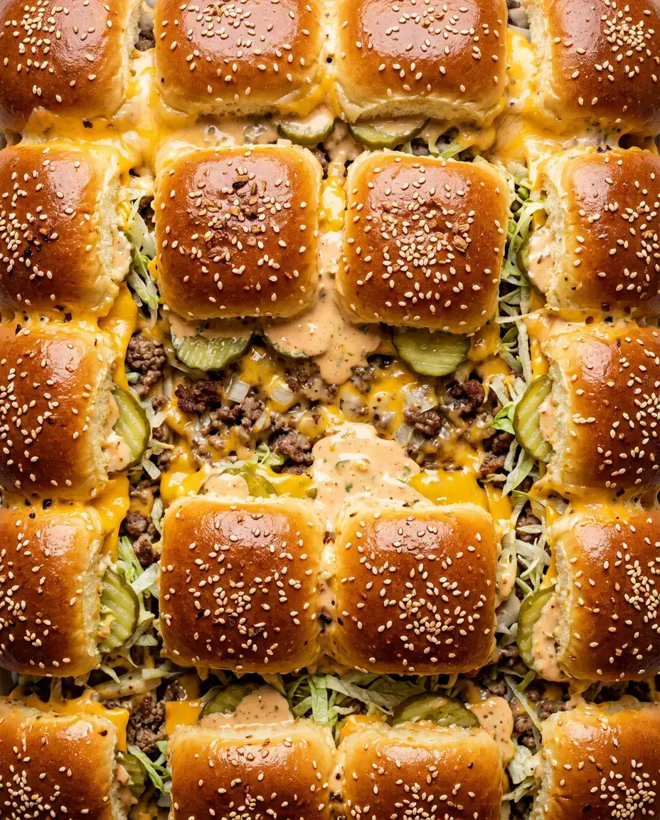 Close-up of baked big mac sliders with melted cheese, pickles, lettuce, and sesame seed rolls
