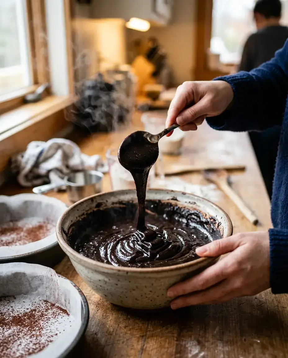 Black Velvet Cake With Rich Dark Cocoa Frosting Black velvet cake batter mixed with hot coffee in a bowl with glossy chocolate ribbons