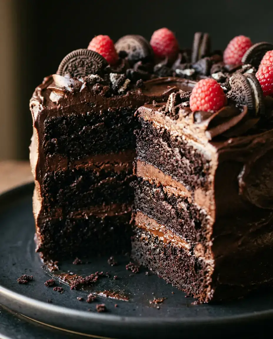 Black Velvet Cake With Rich Dark Cocoa Frosting Slice of black velvet cake with silky cocoa frosting and raspberries in close-up