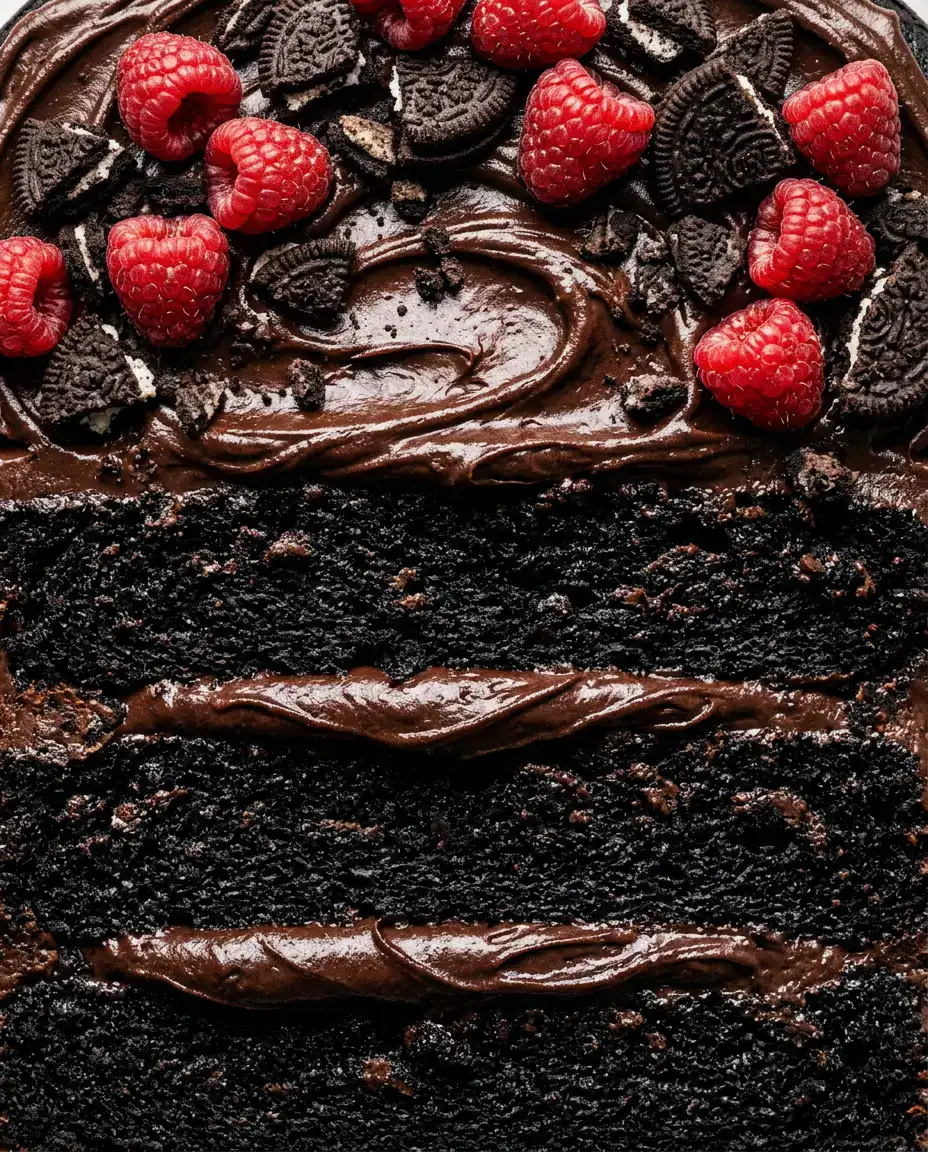 Black Velvet Cake With Rich Dark Cocoa Frosting Black velvet cake with dark cocoa frosting, raspberries, and crushed chocolate cookies