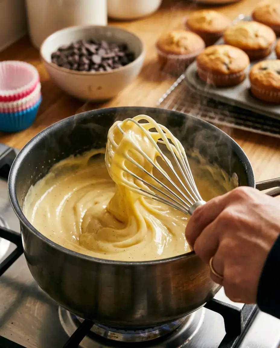 Whisking warm vanilla custard for Boston cream pie cupcakes with cupcakes and chocolate nearby