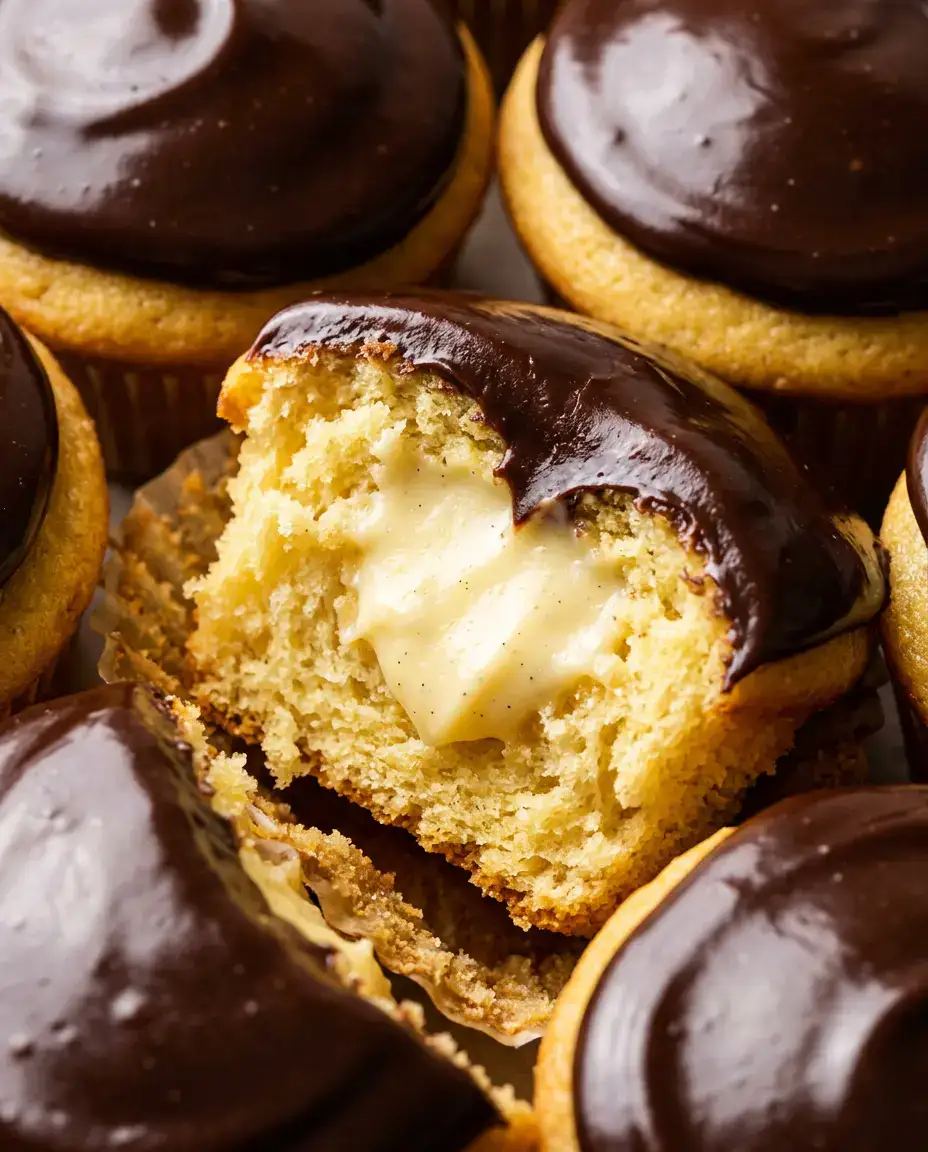 Close-up Boston cream pie cupcakes with custard filling and glossy chocolate ganache topping