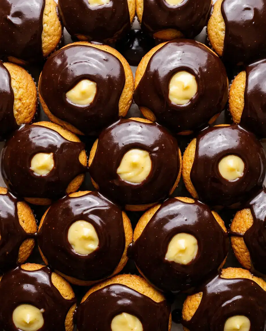 Overhead close-up of Boston cream pie cupcakes with glossy chocolate ganache and creamy custard centers