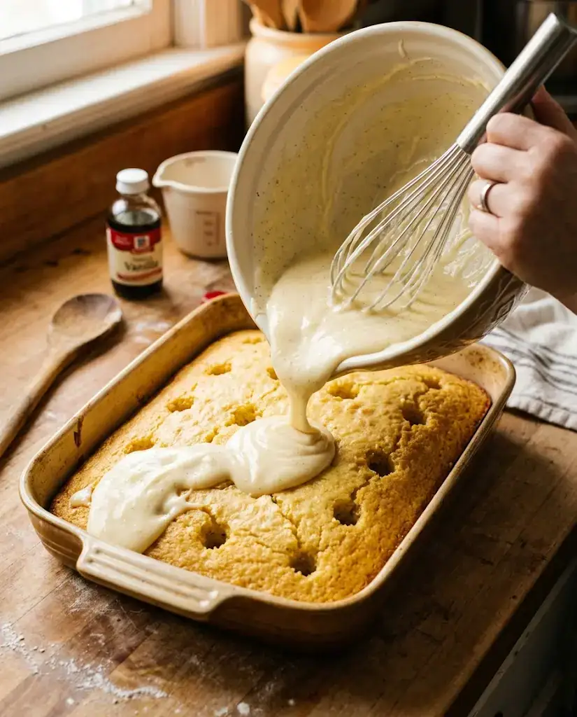 Vanilla pudding poured into warm Boston cream poke cake with deep poke holes.