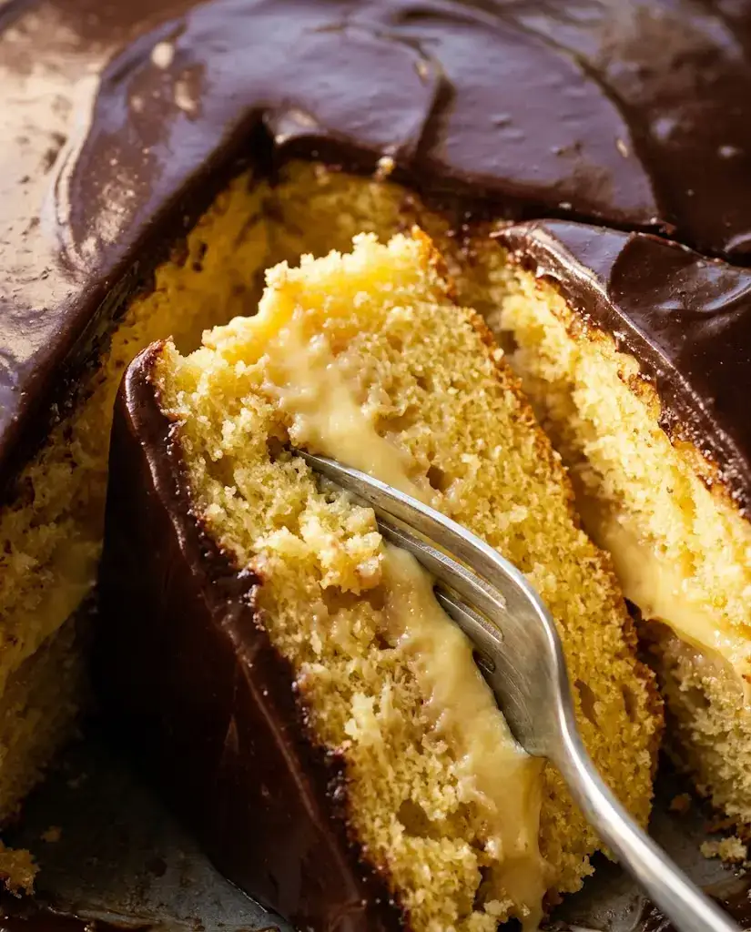 Slice of Boston cream poke cake with creamy vanilla filling and shiny chocolate ganache.