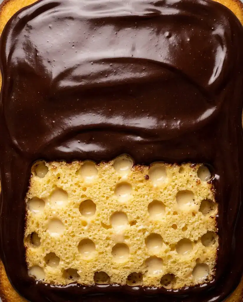Close-up of Boston cream poke cake with vanilla pudding filling and glossy chocolate ganache.