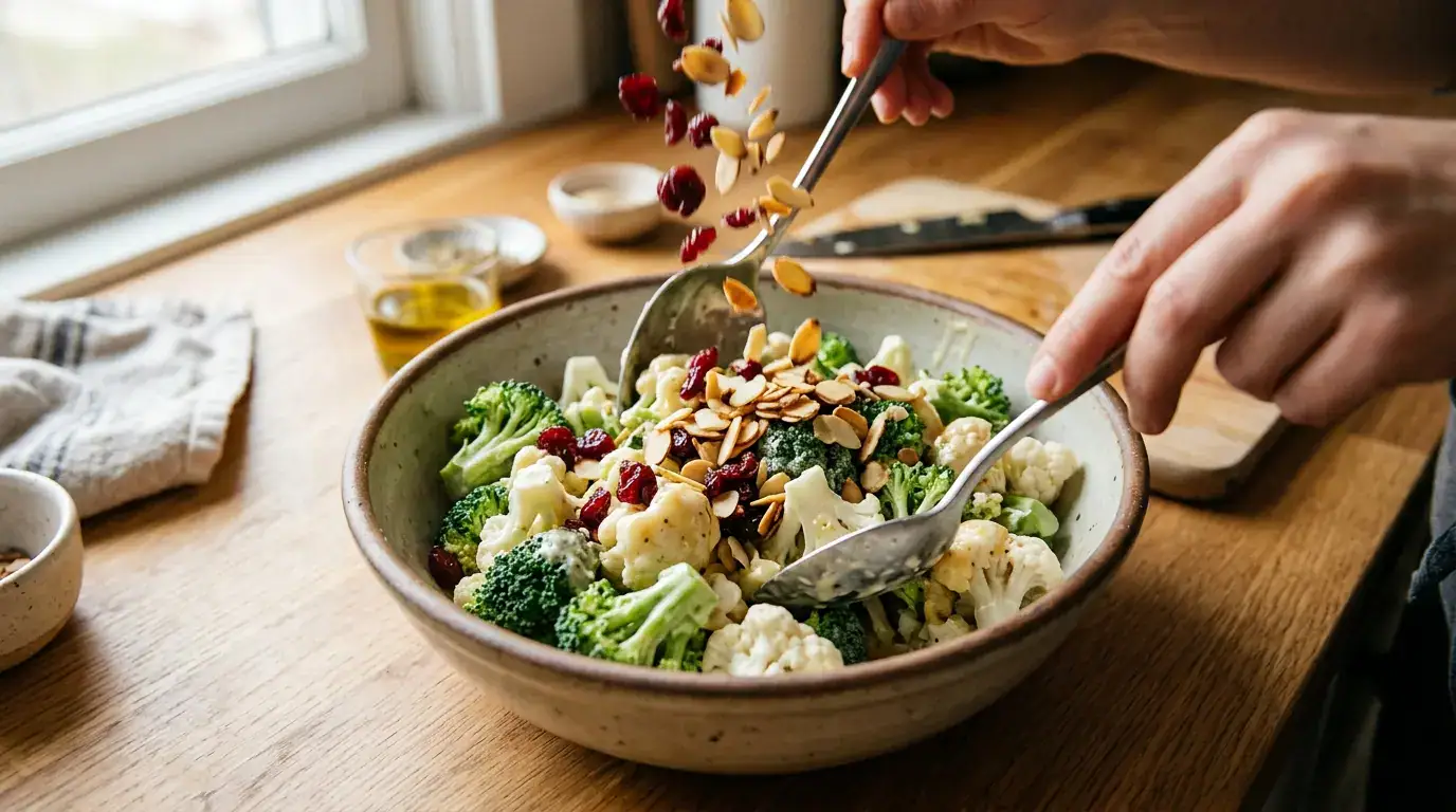 Hands mixing broccoli cauliflower salad with honey-lemon dressing, cranberries, and almonds