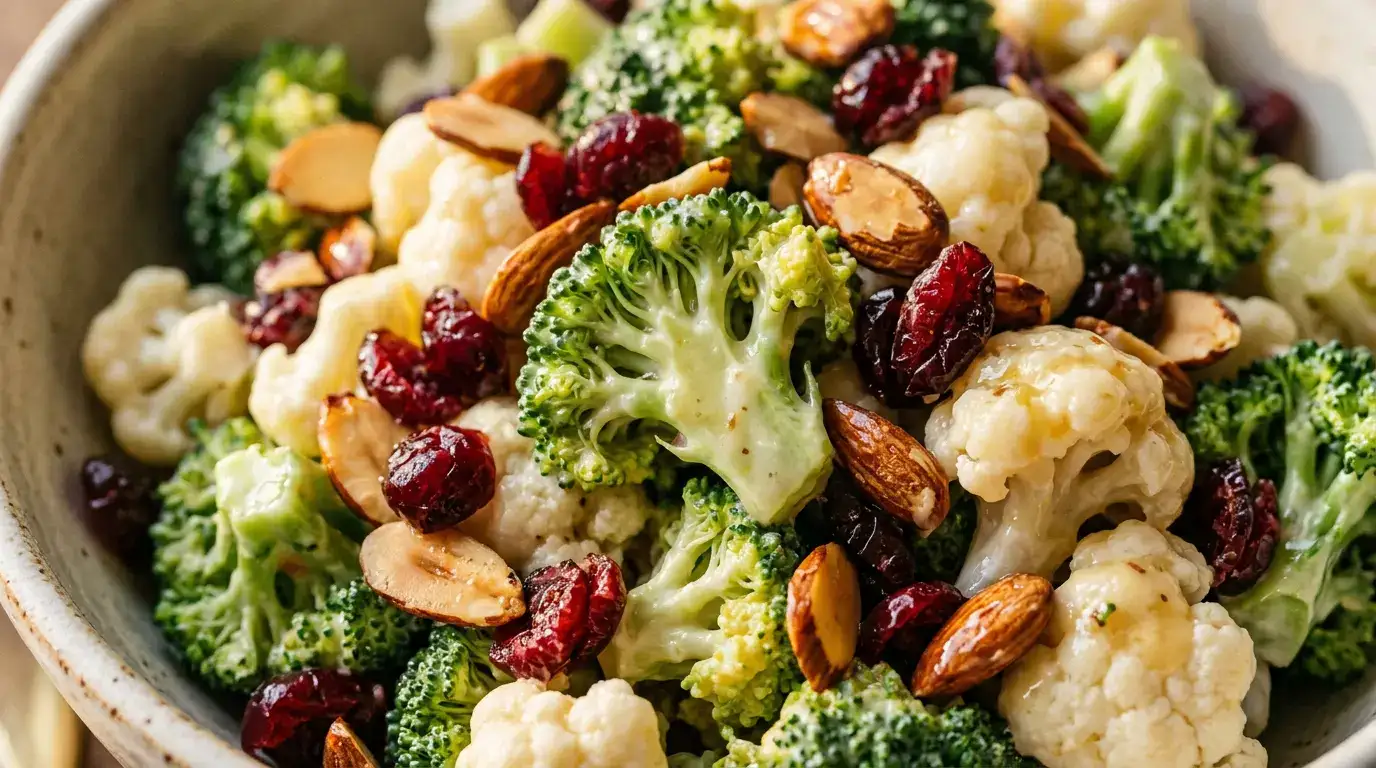 Close-up of served broccoli cauliflower salad with honey-lemon dressing, cranberries, and almonds