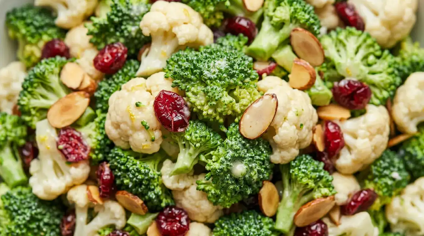 Close-up of broccoli cauliflower salad with honey-lemon dressing, cranberries, and almonds