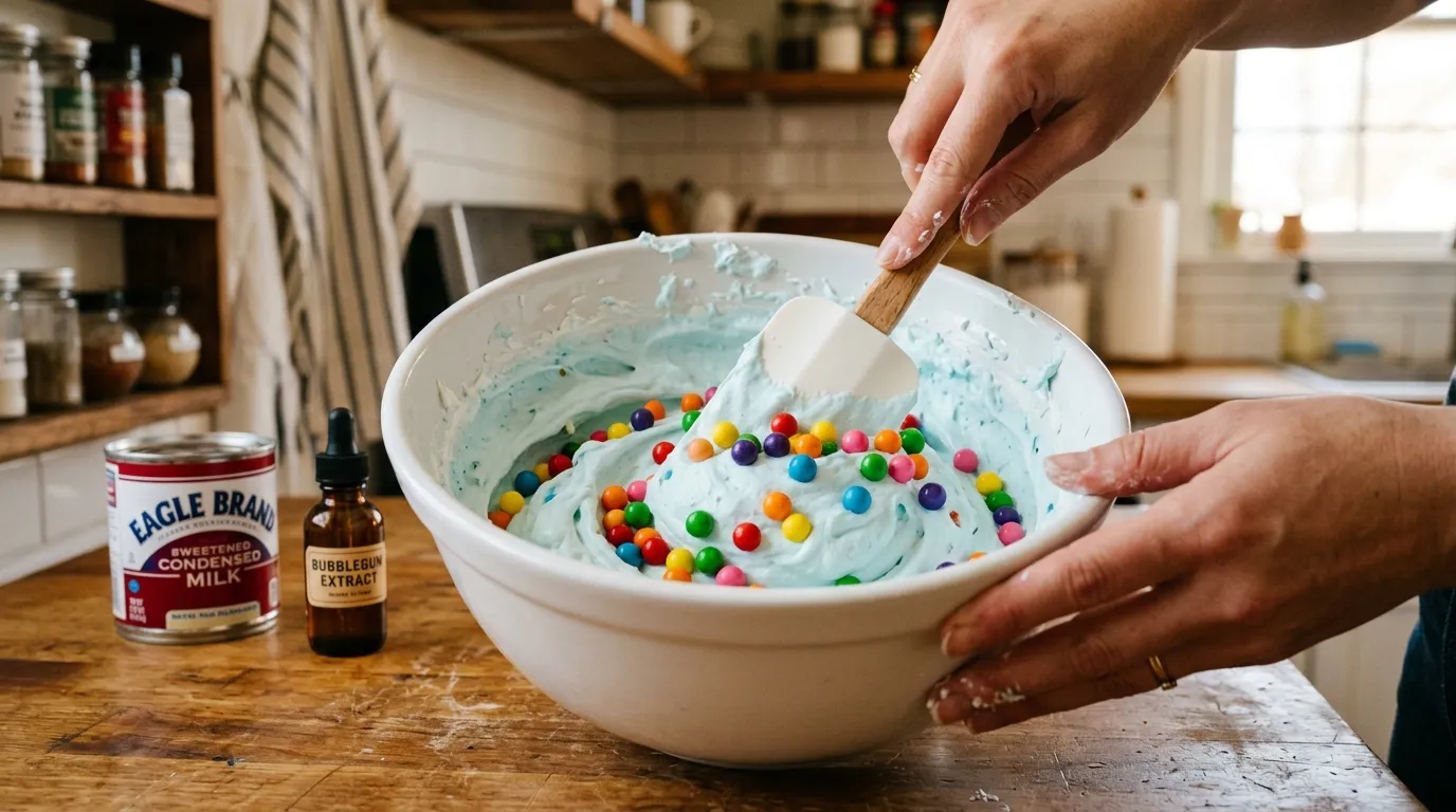 Bubble Gum Ice Cream Recipe Hand folding rainbow gumballs into pale-blue whipped cream for bubble gum ice cream.