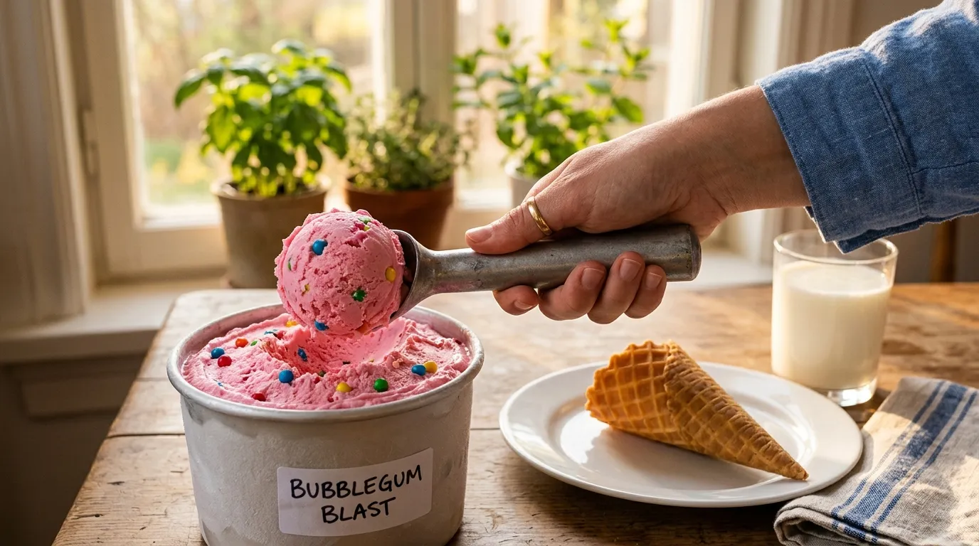 Bubble Gum Ice Cream Recipe Hand scooping bubble gum ice cream with gumballs, waffle cone and milk nearby.