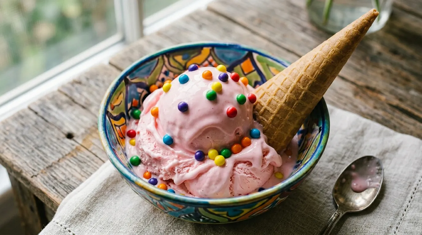 Bubble Gum Ice Cream Recipe Close-up of a scoop of bubble gum ice cream with rainbow gumballs in a bowl with waffle cone.