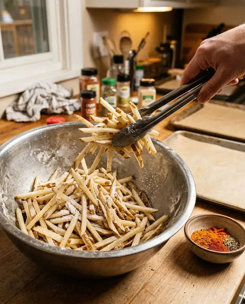 Raw potato strips tossed for Cajun french fries with cornstarch, oil, and spices nearby