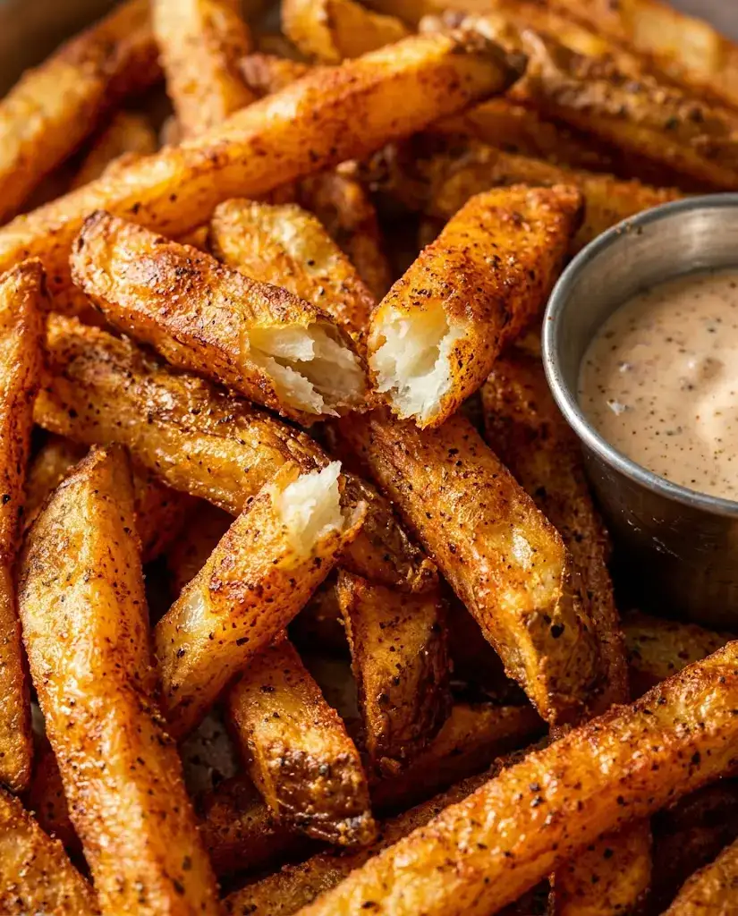 Close-up serving of Cajun french fries with crispy edges and a metal dipping cup