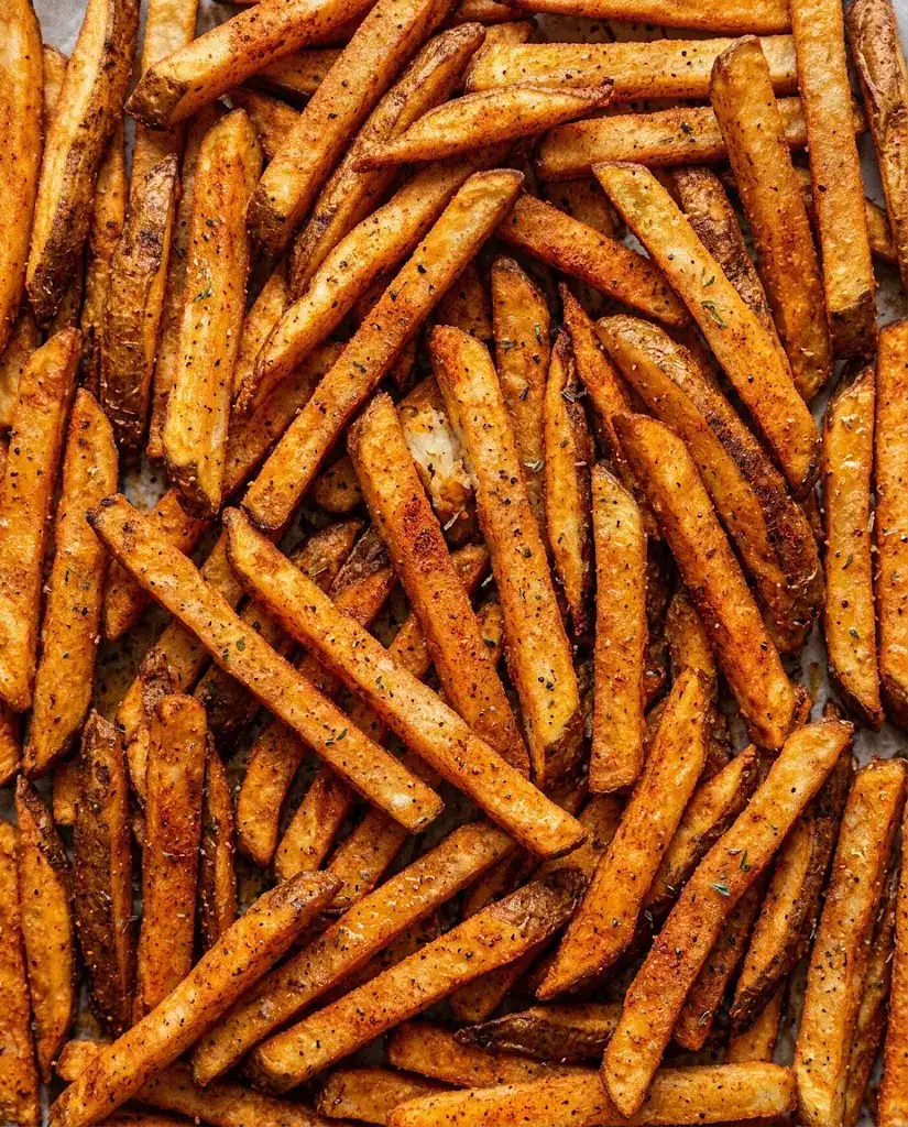 Extreme close-up of crispy Cajun french fries coated in smoky red-orange seasoning with golden edges
