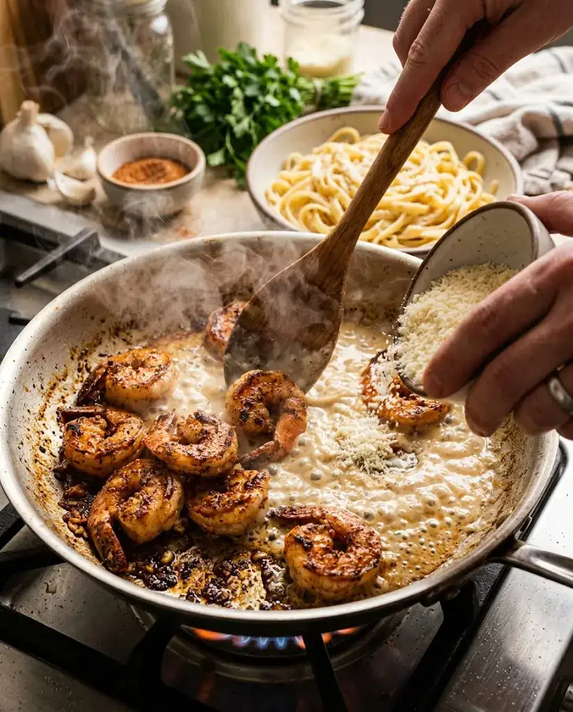 Shrimp sizzling in Alfredo sauce while making cajun shrimp alfredo in a hot skillet