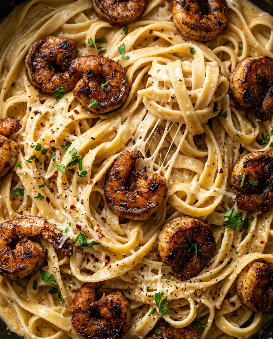 Close-up serving of cajun shrimp alfredo with creamy parmesan sauce and smoky shrimp