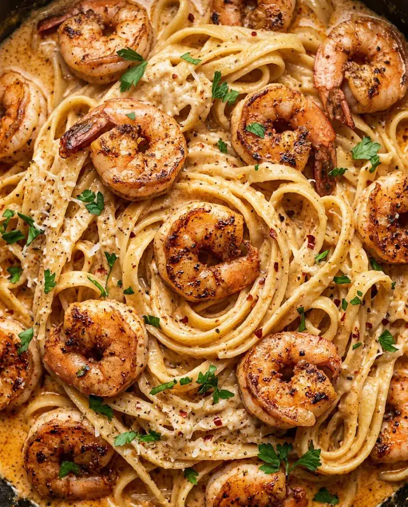 Creamy cajun shrimp alfredo with smoky shrimp, glossy fettuccine, and rich parmesan sauce