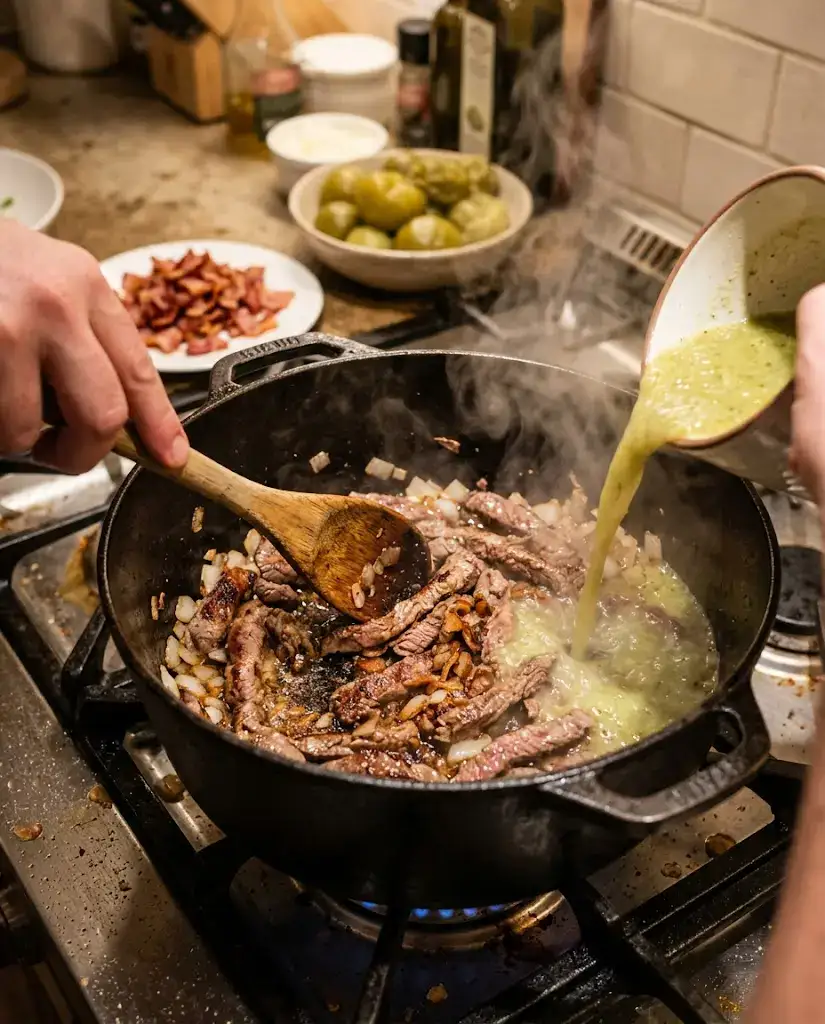 Beef browning in bacon fat for carne en su jugo as tomatillo broth is poured into the pot