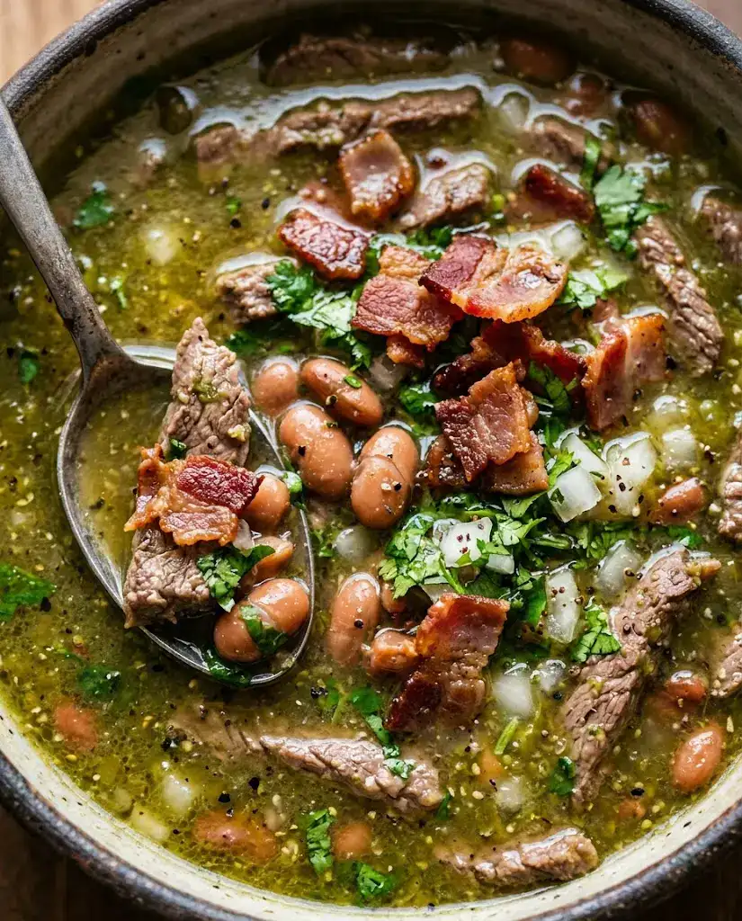 Close-up serving of carne en su jugo with beef, bacon, beans, cilantro, onion, and rich broth