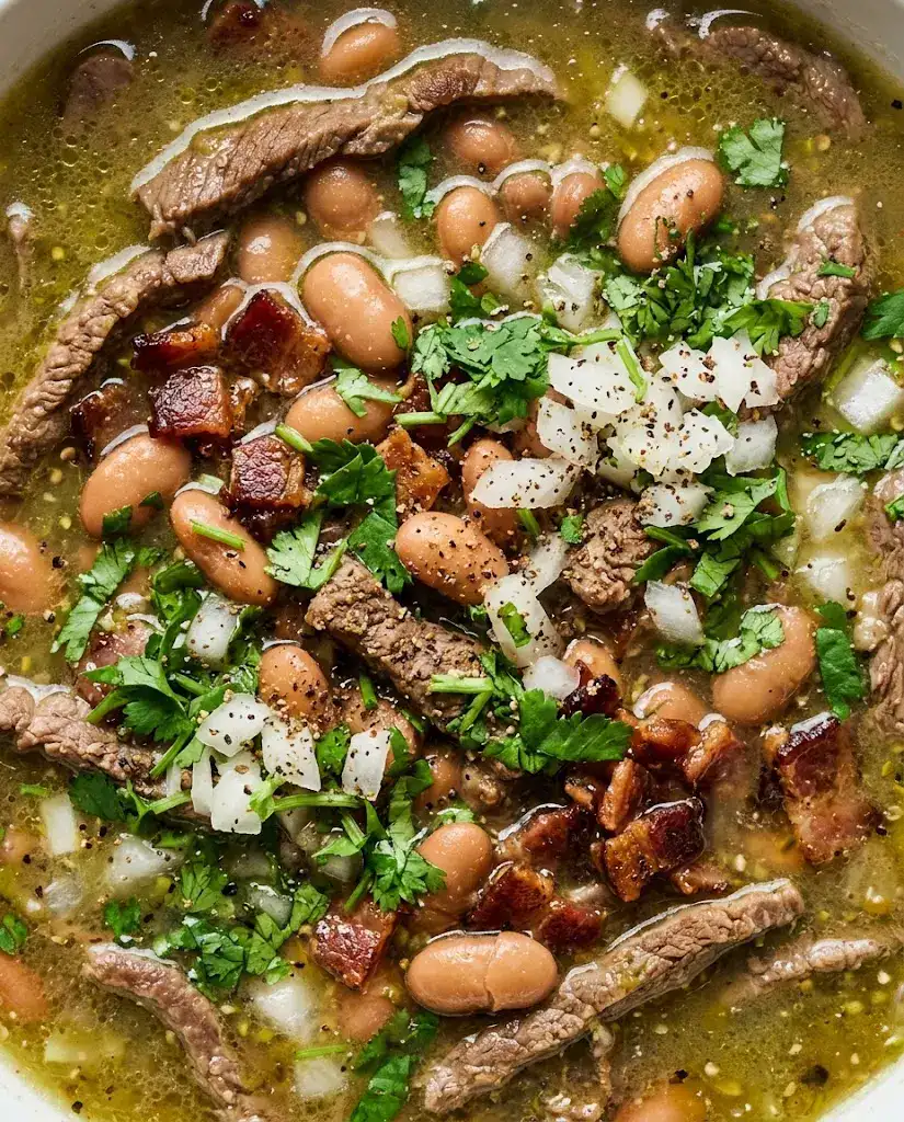 Extreme overhead close-up of carne en su jugo with beef, beans, bacon, cilantro, and tomatillo broth