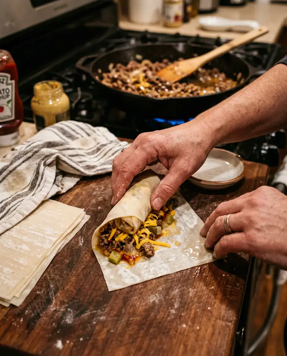 Hands rolling cheeseburger egg rolls with seasoned beef, cheddar cheese, and diced pickles