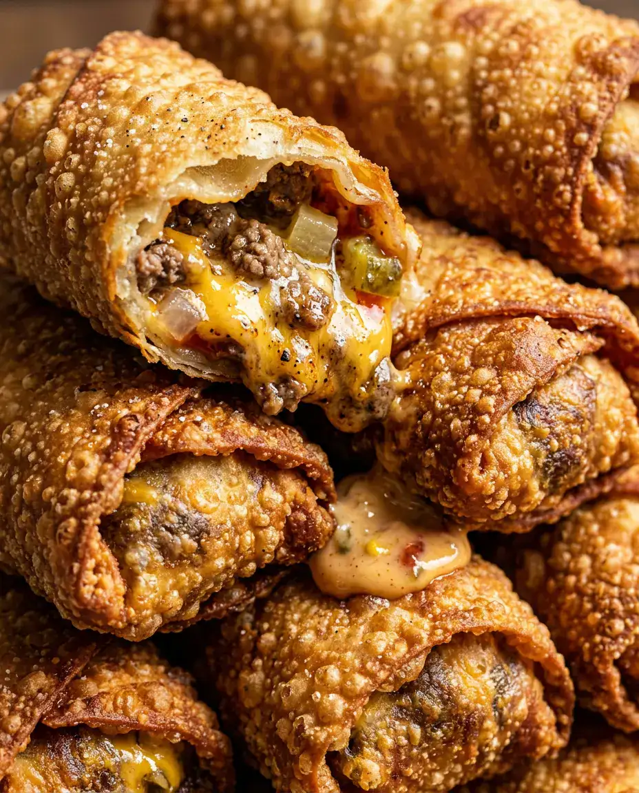 Stacked cheeseburger egg rolls with crispy wrappers, melted cheddar, beef, pickles, and burger sauce