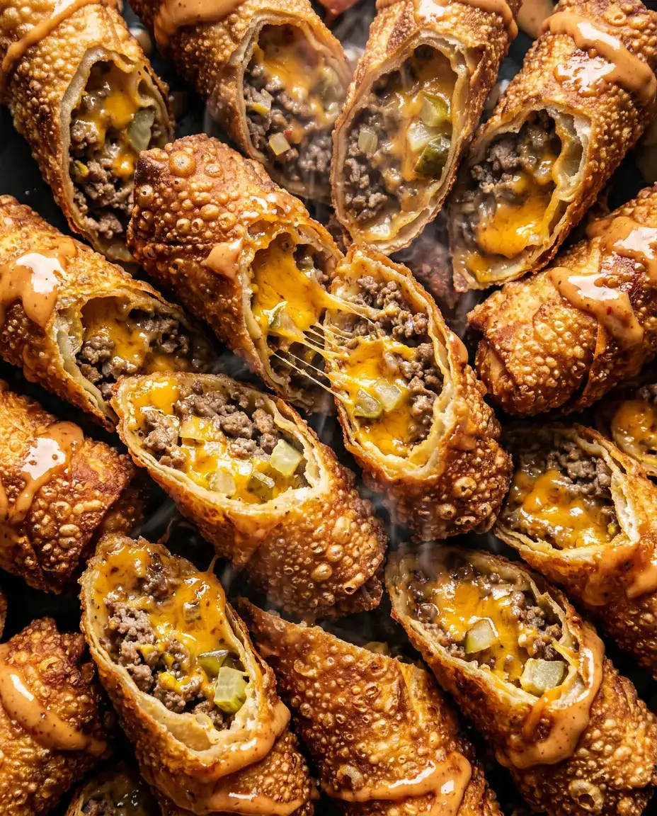 Cheeseburger Egg Rolls for Crispy Party Bites — 30 Min Crispy cheeseburger egg rolls sliced open with melted cheddar, seasoned beef, pickles, and burger sauce