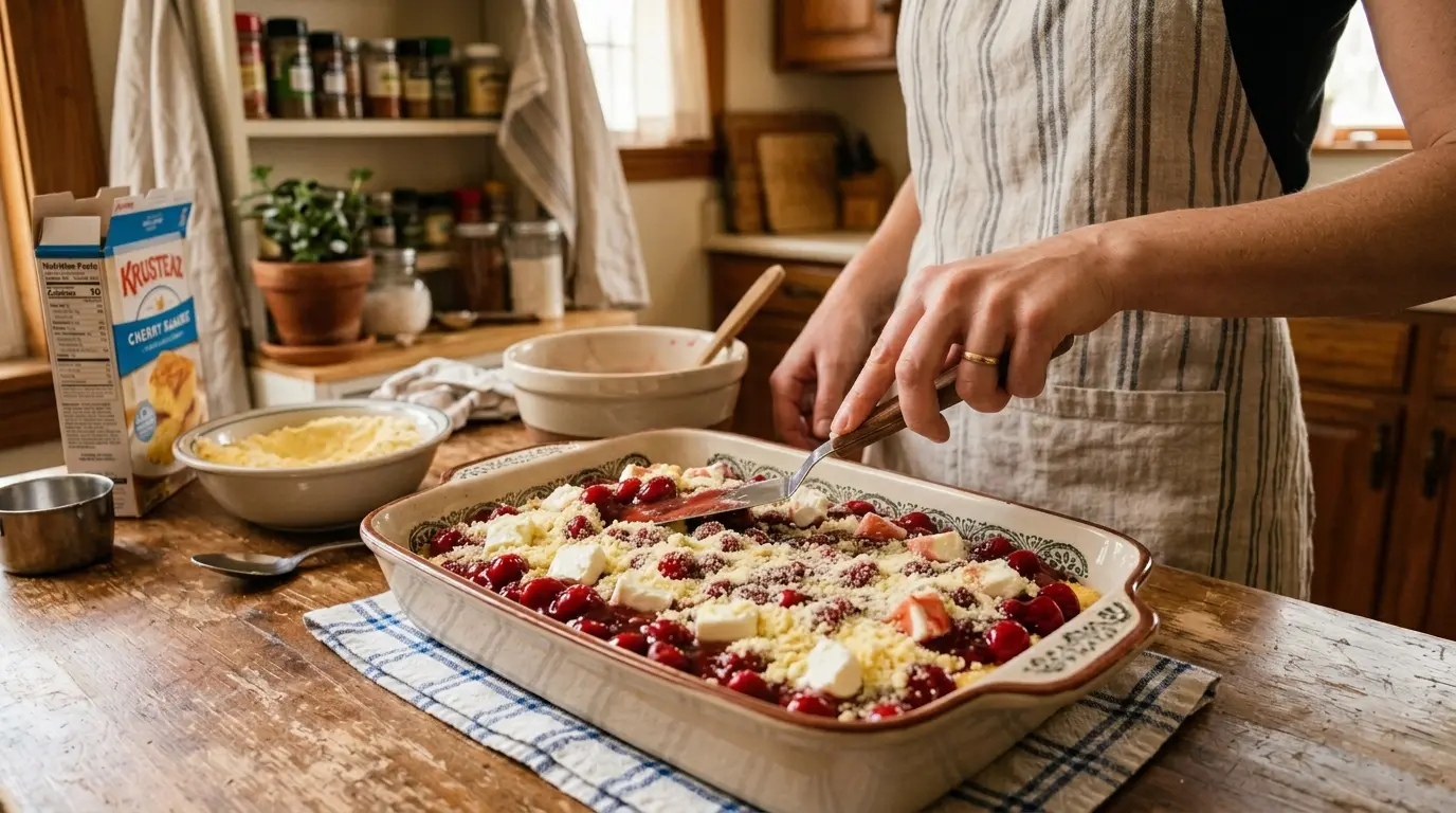 Hand spreading creamy cheesecake layer in dish for cherry cheesecake dump cake