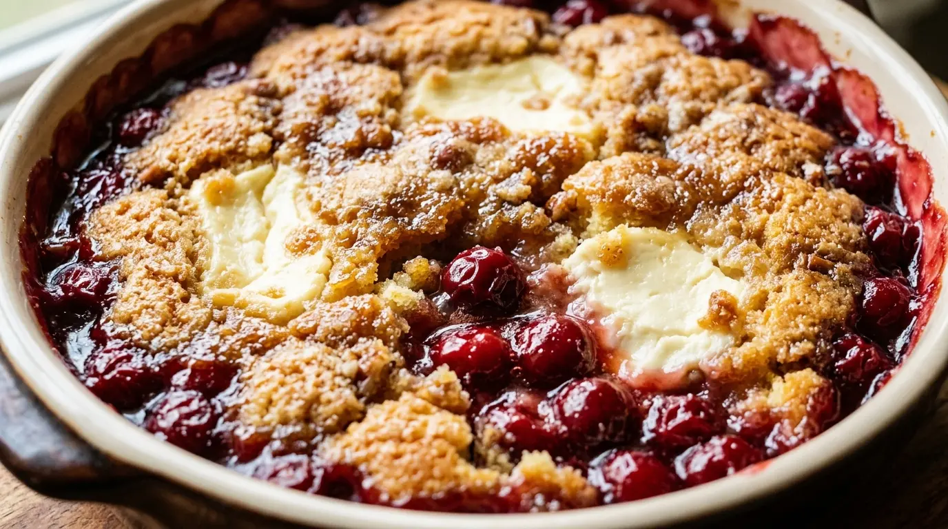 Cherry cheesecake dump cake with golden crust, bubbling cherries, and creamy cheesecake layer