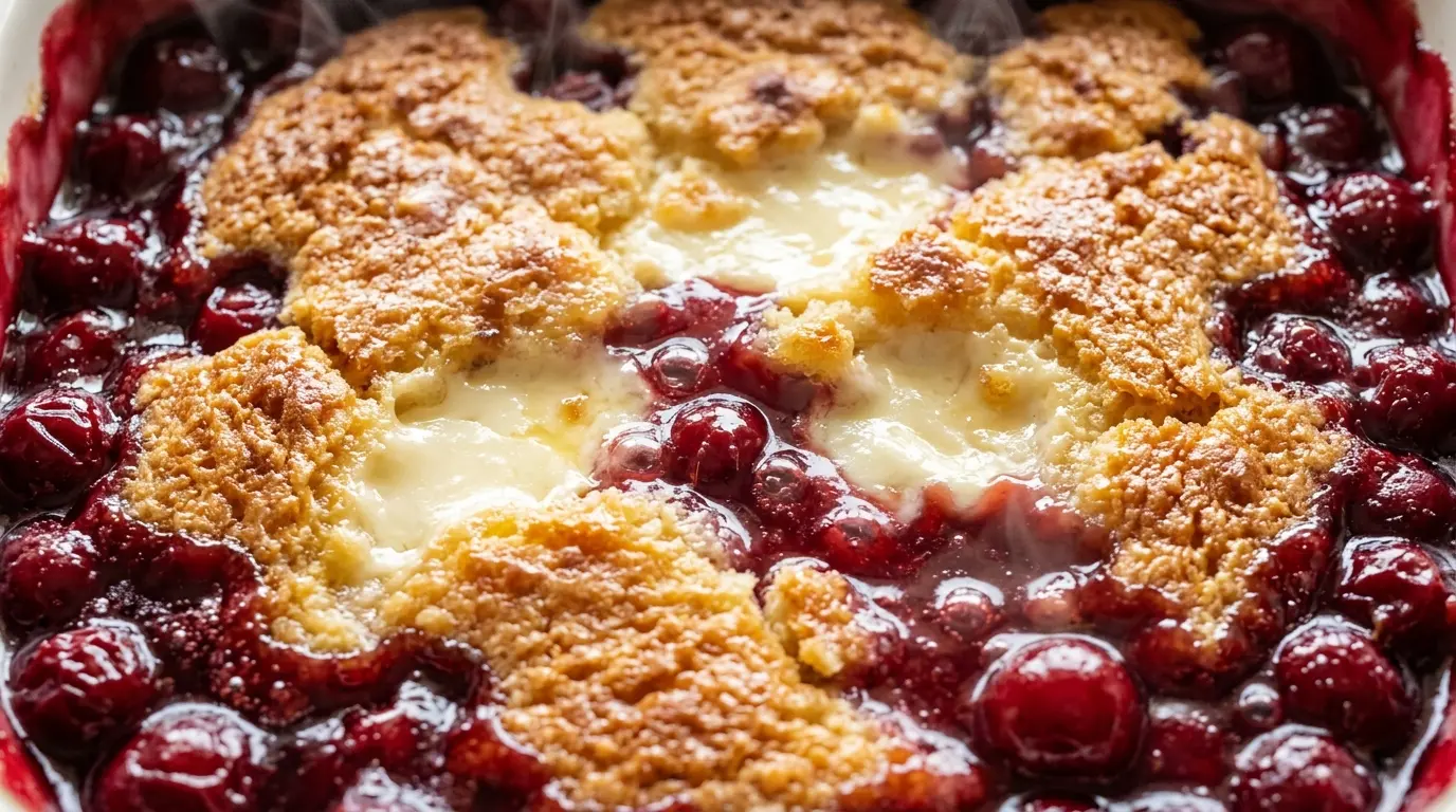 Cherry cheesecake dump cake with glossy cherries, creamy cheesecake, and golden cake crust close-up