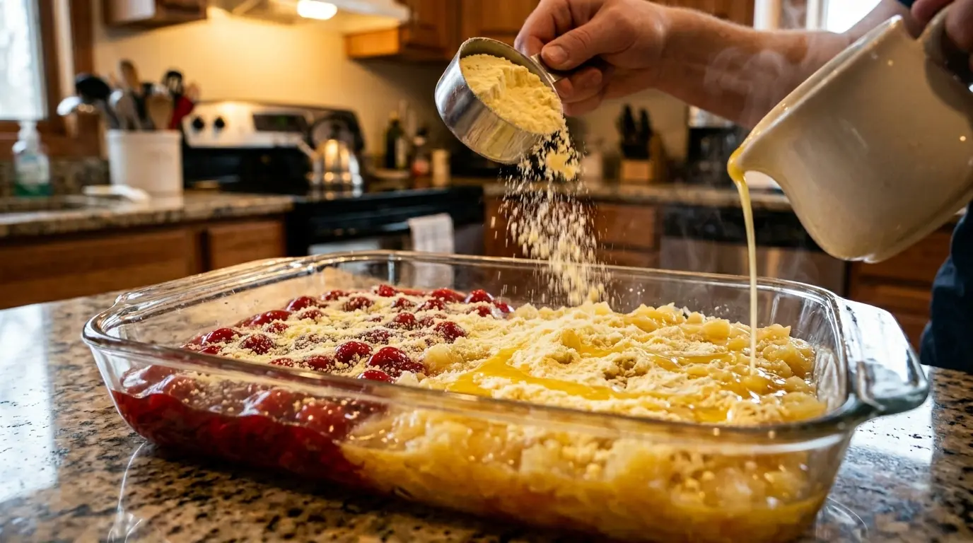 Cherry dump cake being prepared with cherry filling, pineapple, and cake mix in baking dish