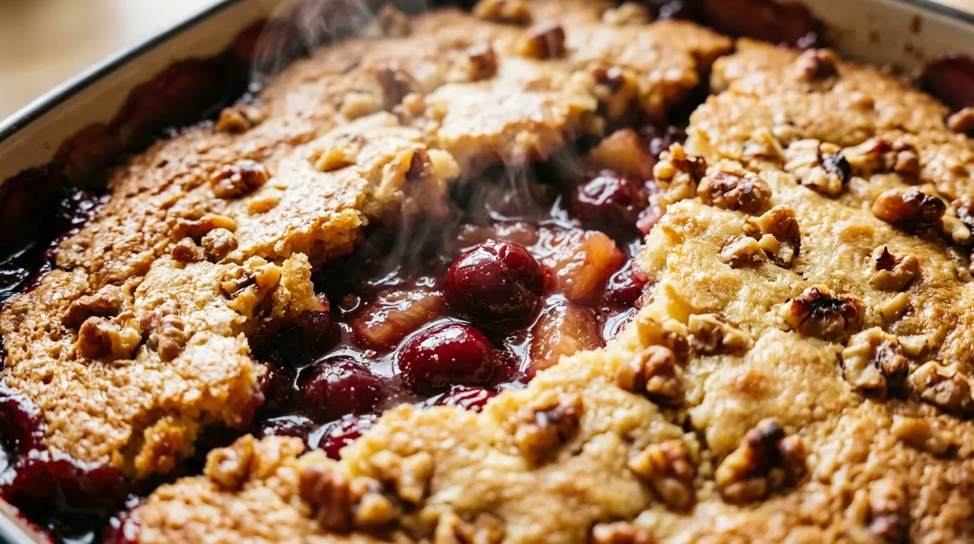 Cherry dump cake with golden topping, ruby cherries, nuts, and a partially cut slice