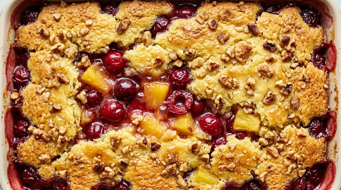 Close-up of cherry dump cake with golden crisp topping and bubbling red cherry filling
