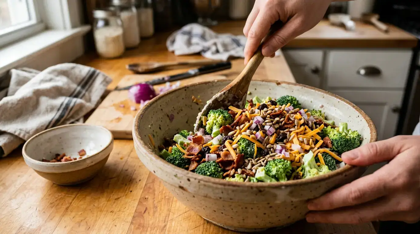 Chicken Salad Chick Broccoli Salad Recipe — Fresh & Crunchy Large mixing bowl with broccoli, bacon, cheddar, and raisins being tossed for chicken salad chick broccoli salad