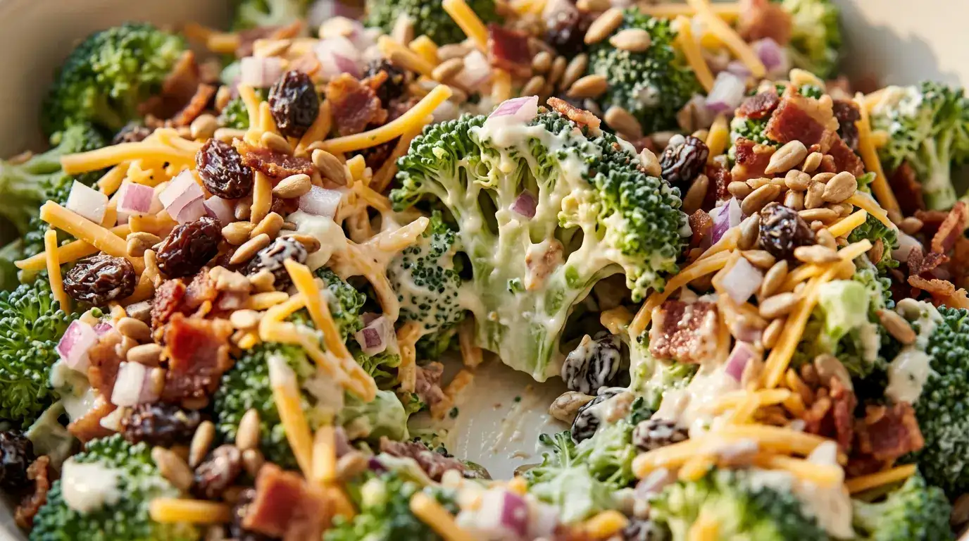 Chicken Salad Chick Broccoli Salad Recipe — Fresh & Crunchy Close-up of a bite of chicken salad chick broccoli salad with creamy dressing and mixed ingredients
