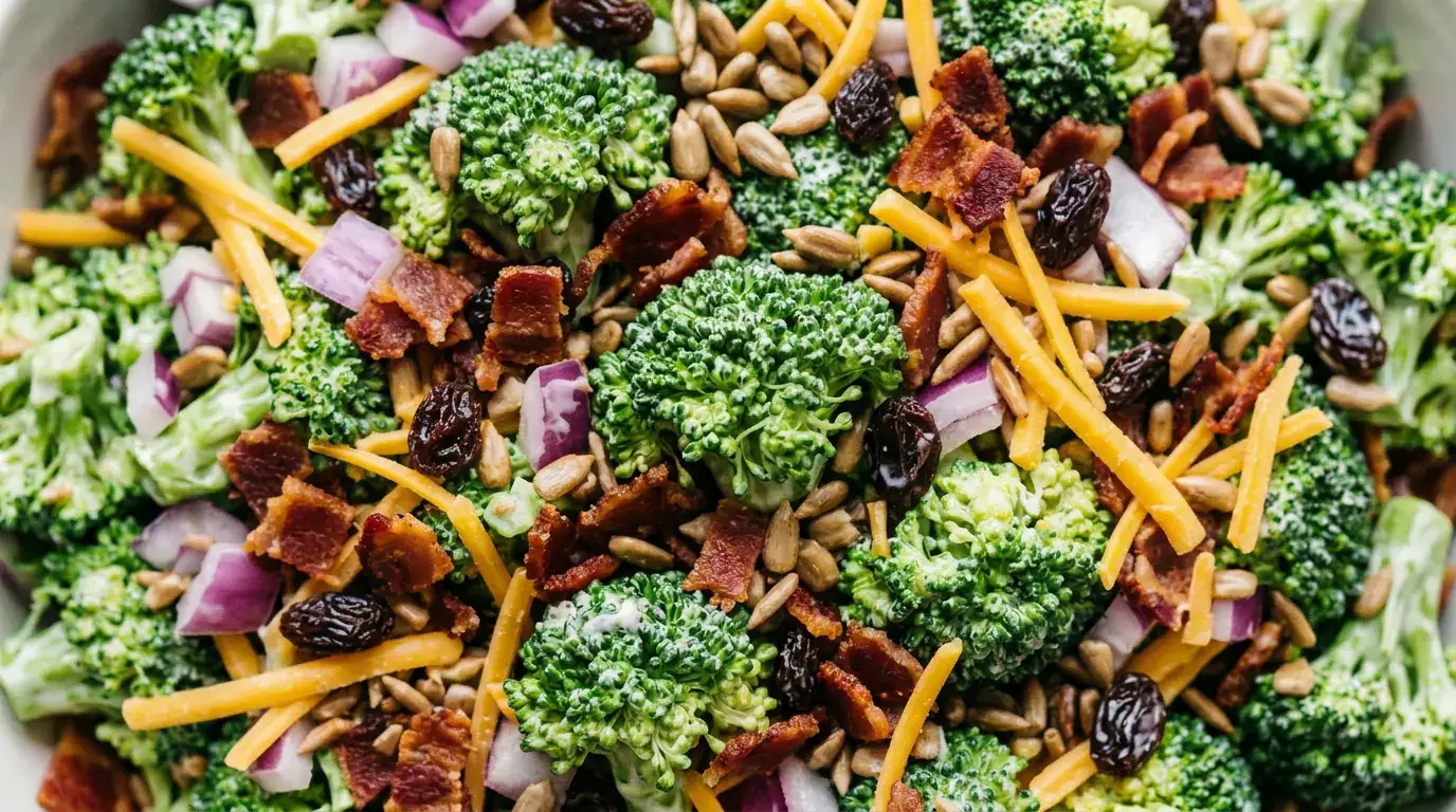 Chicken Salad Chick Broccoli Salad Recipe — Fresh & Crunchy Extreme close-up of chicken salad chick broccoli salad with bacon, cheddar, raisins, and creamy dressing