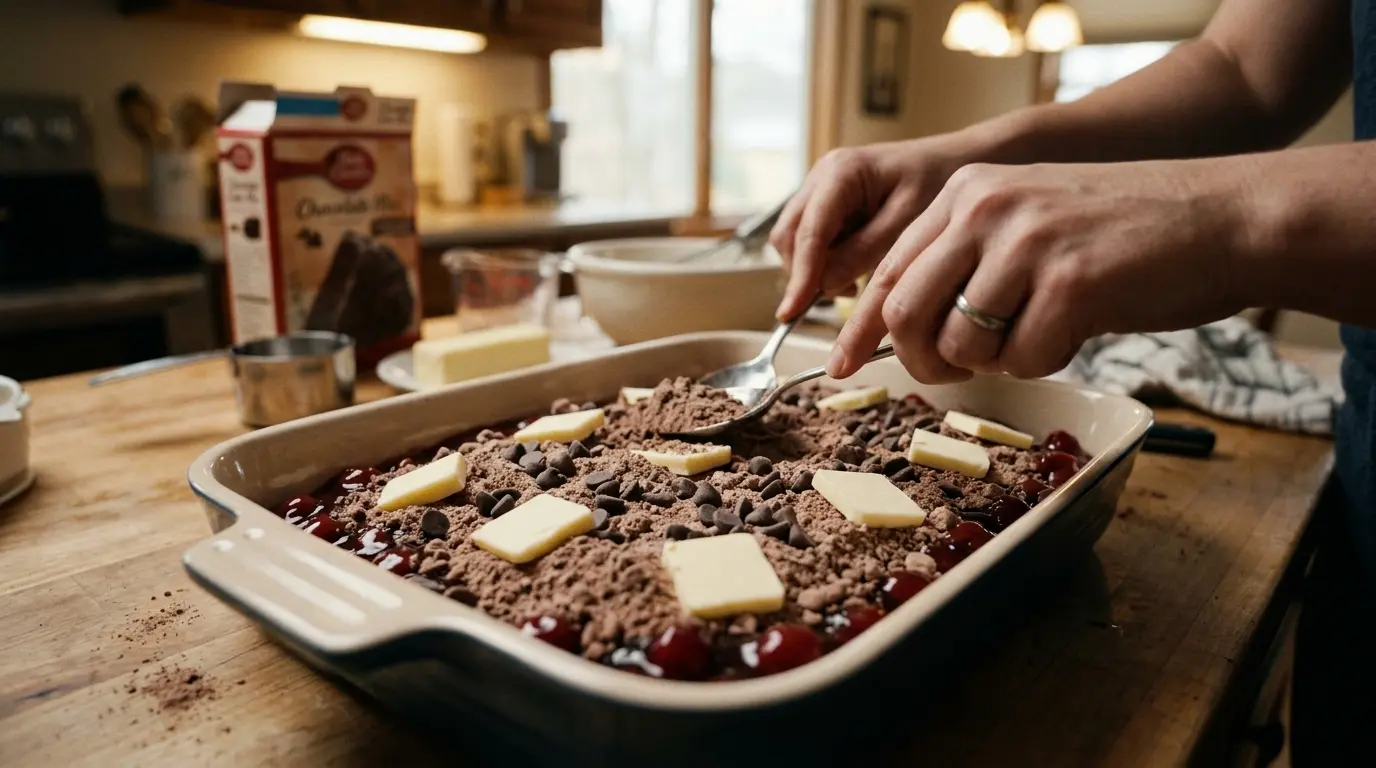 Chocolate cherry dump cake in baking dish with cherries, cake mix, and butter mid-preparation