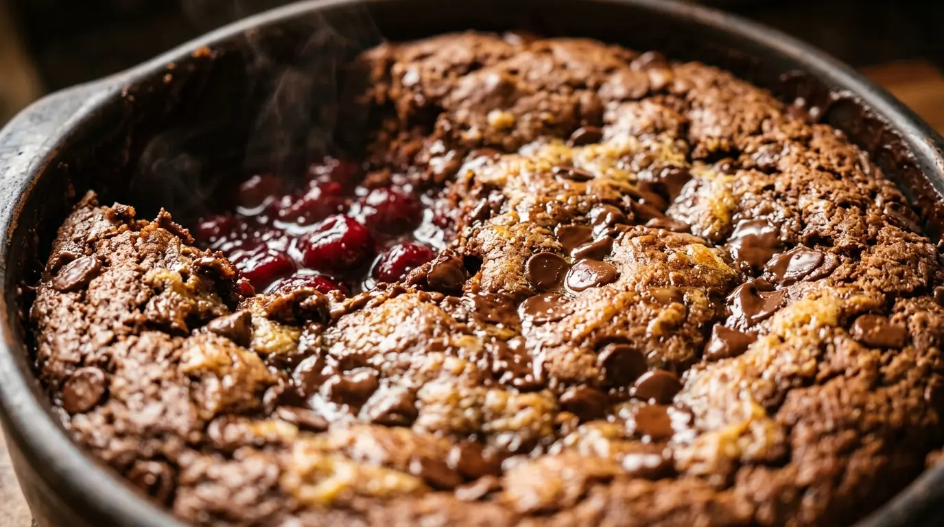Close-up of chocolate cherry dump cake portion revealing gooey cherry filling and chocolate topping