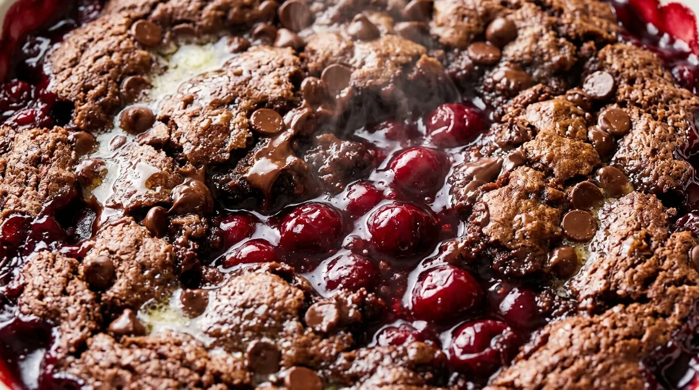 Overhead view of chocolate cherry dump cake with glossy cherries and melted butter on top