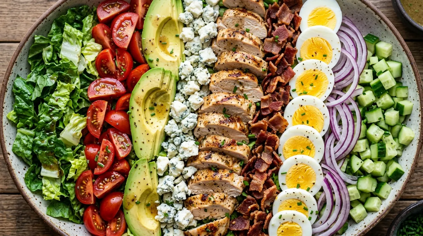 Overhead view of a vibrant Cobb salad recipe with chicken, bacon, avocado, and eggs.