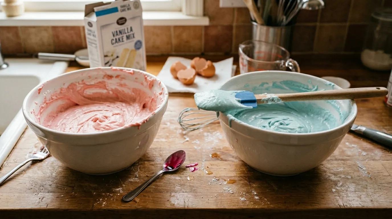 Pink and blue cotton candy cake batter in mixing bowls with spatula.