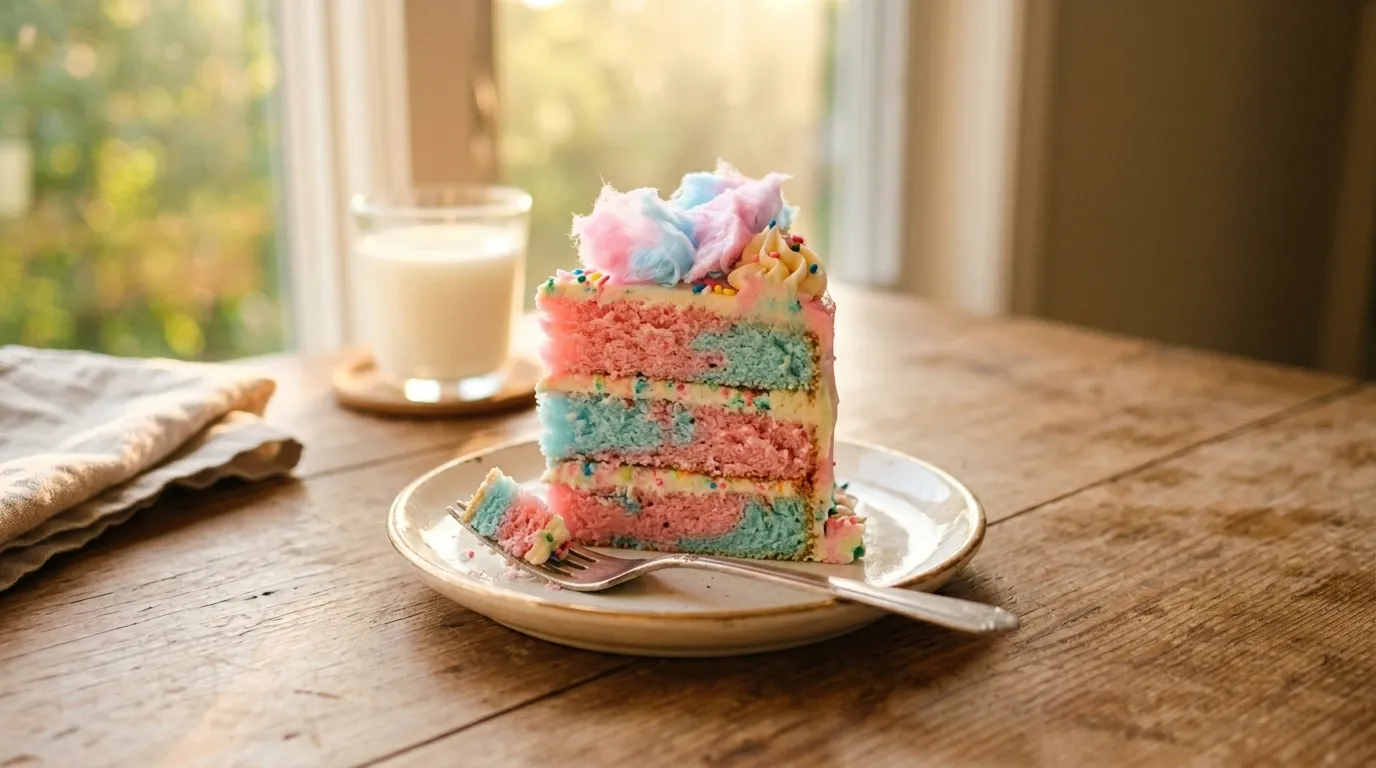 Slice of cotton candy cake with pink and blue layers and a fork.