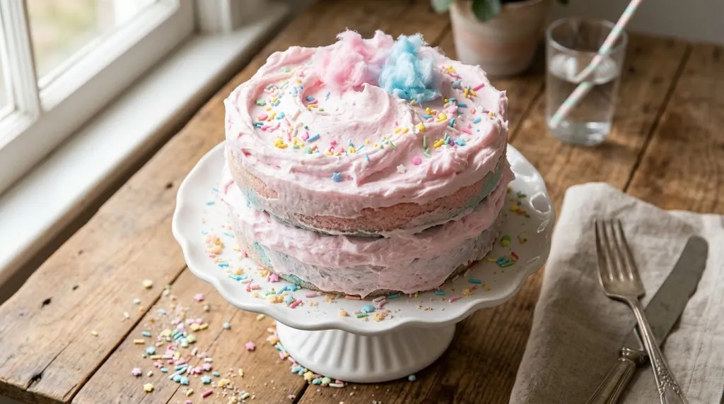 Cotton candy cake on white stand with pink buttercream and pastel sprinkles.