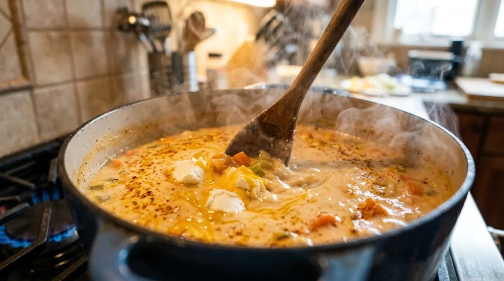 Close-up of stirring crack chicken soup in Dutch oven with melting cream cheese and cheddar, carrots and celery visible.