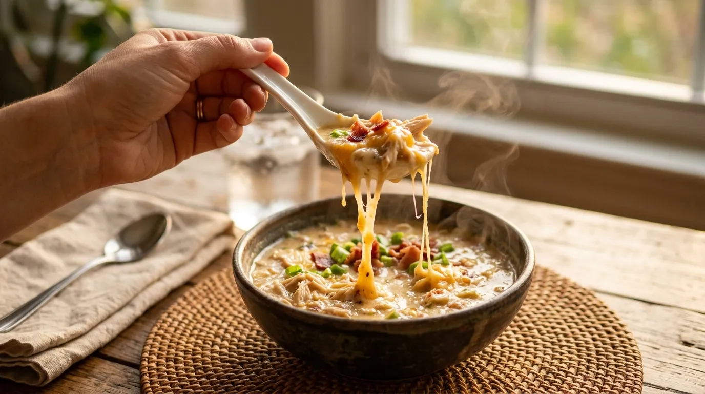 Hand holding spoon dipping into crack chicken soup with melted cheese stretching, steam rising, golden light.