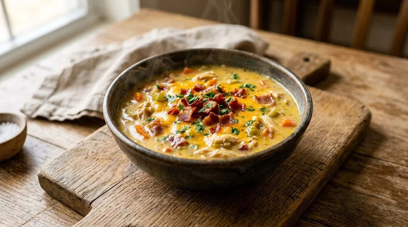 Bowl of creamy crack chicken soup with cheddar, bacon, and parsley, steam rising, on rustic wooden board.