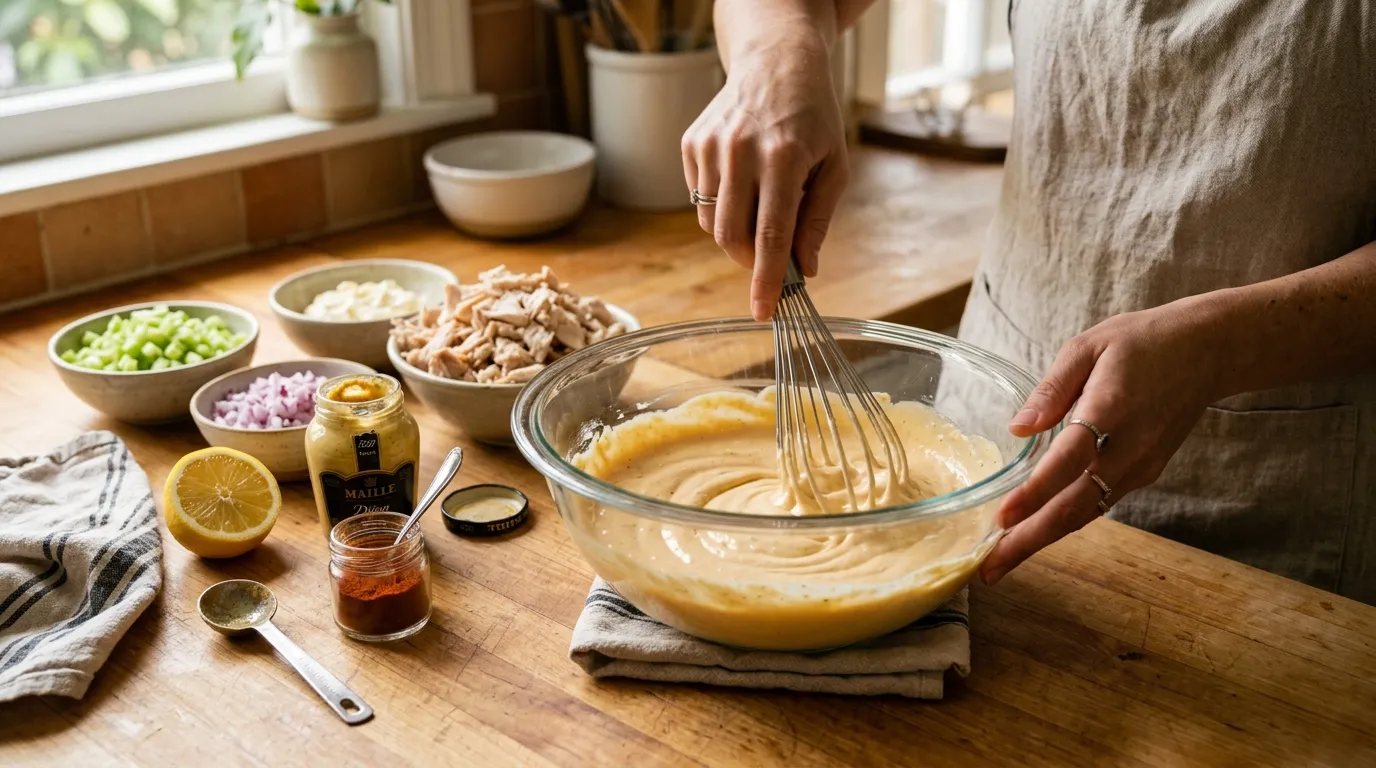 Hands whisk creamy dressing in bowl with shredded chicken and diced vegetables for chicken salad recipe